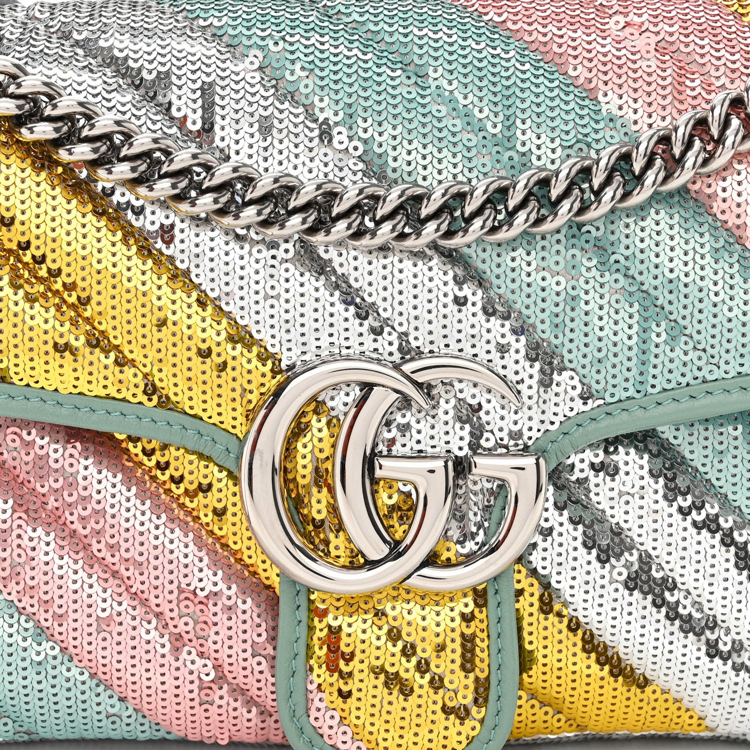 Gucci Sequin Satin Calfskin Matelasse Diagonal Small GG Marmont Shoulder Bag Grigio Argento Verde Chiaro Rosa Giallo Light Water Green 8 of 10
