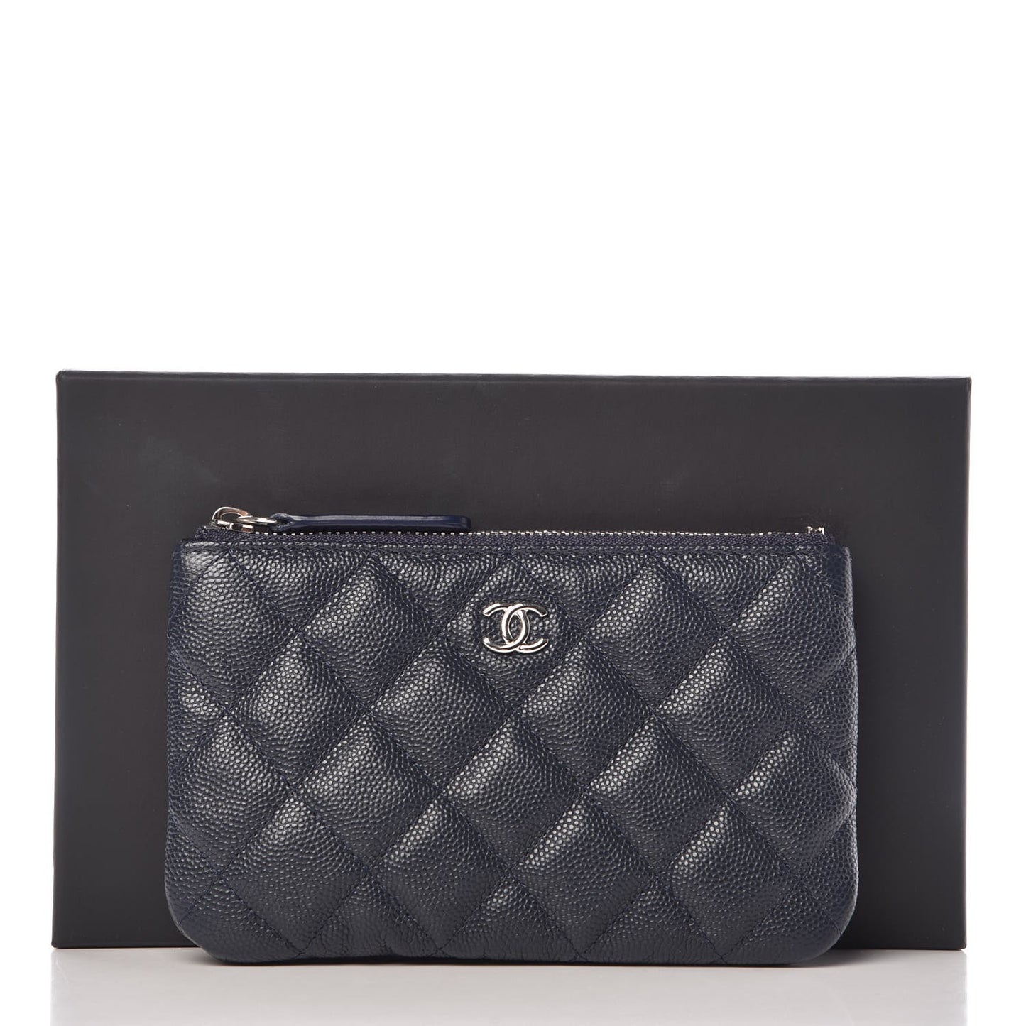 Metallic Caviar Quilted Small Cosmetic Case Dark Blue