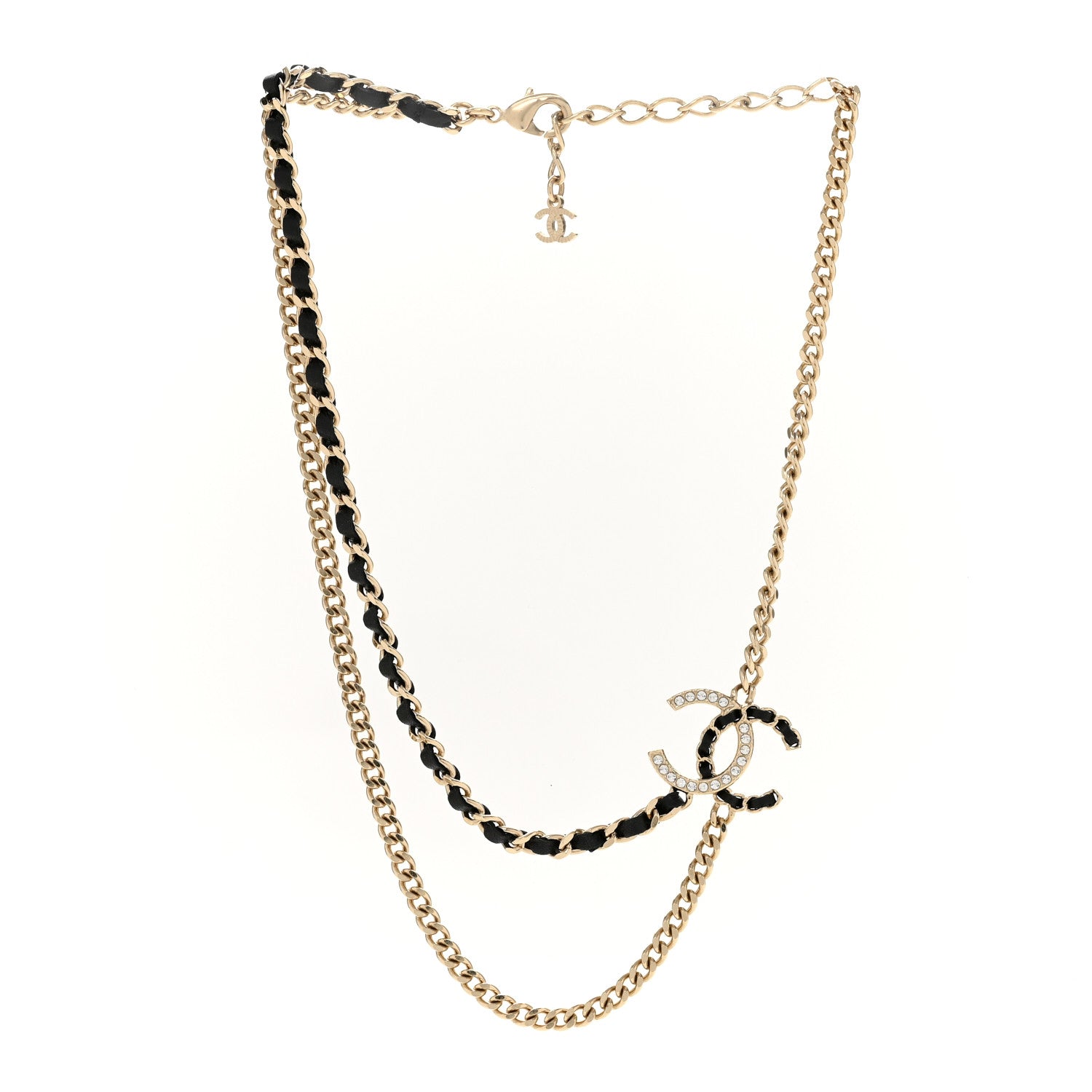Chanel Metal Calfskin Crystal CC Chain Necklace Black Gold 1 of 7