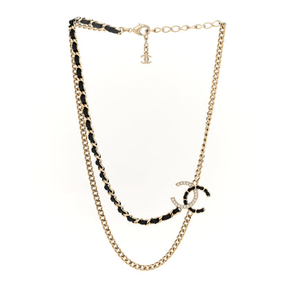Chanel Metal Calfskin Crystal CC Chain Necklace Black Gold 1 of 7
