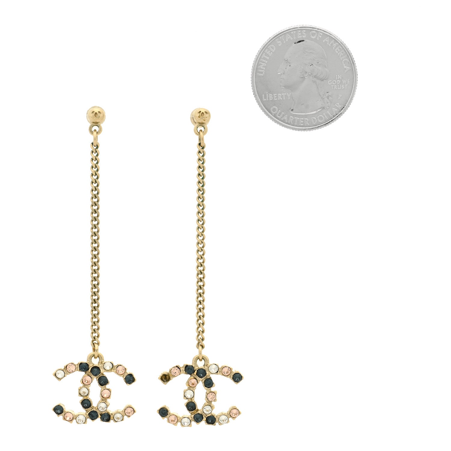 Chanel Crystal CC Drop Earrings Pink Grey Gold 2 of 4