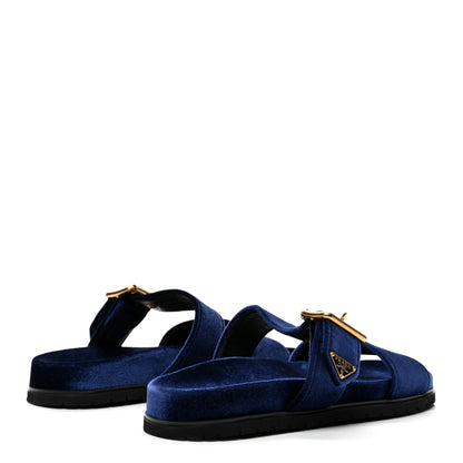 Prada Velvet Metal Triangle Logo Womens Double Buckle 20mm Slide Sandals 39 Bleu 4 of 10