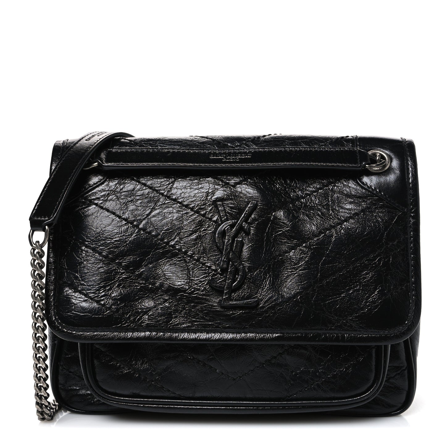 Crinkled Calfskin Matelasse Monogram Baby Niki Chain Satchel Black