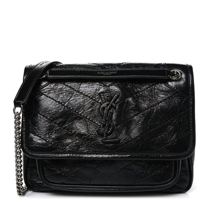 Saint Laurent Crinkled Calfskin Matelasse Monogram Baby Niki Chain Satchel Black 1 of 10