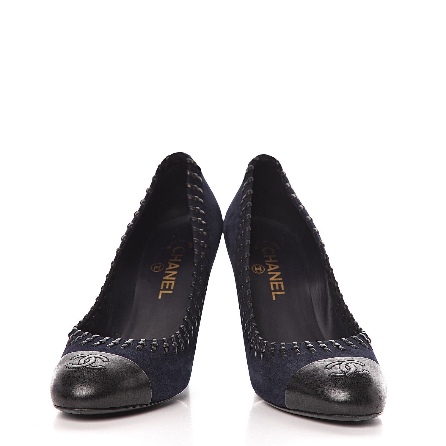 Chanel Suede Lambskin Cap Toe Pumps 39 Navy Black 6 of 13