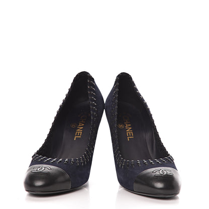 Chanel Suede Lambskin Cap Toe Pumps 39 Navy Black 6 of 13