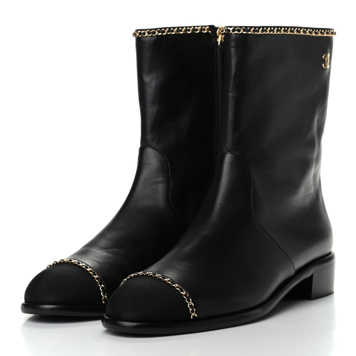 Chanel Lambskin Grosgrain Cap Toe Chain Short Boots 39.5 Black 3 of 9