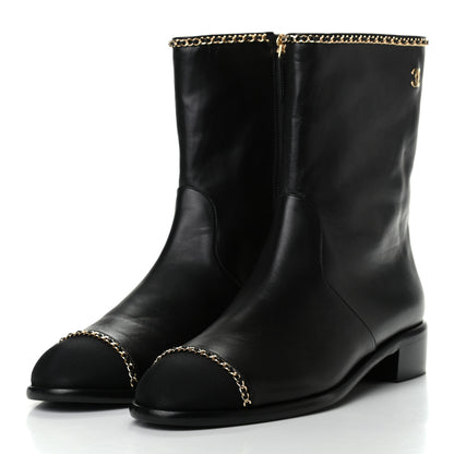 Chanel Lambskin Grosgrain Cap Toe Chain Short Boots 39.5 Black 3 of 9