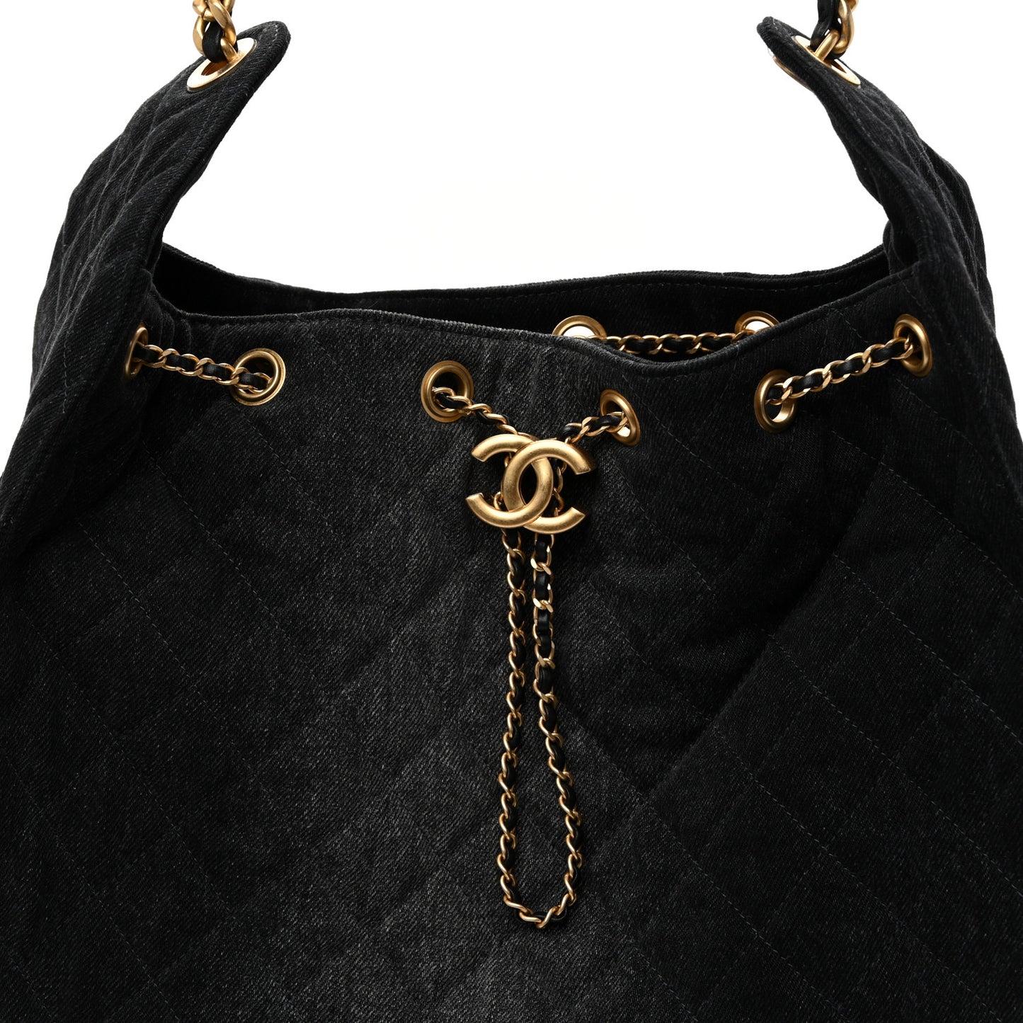 Washed Denim Quilted Medium Chanel 25 Handbag Black