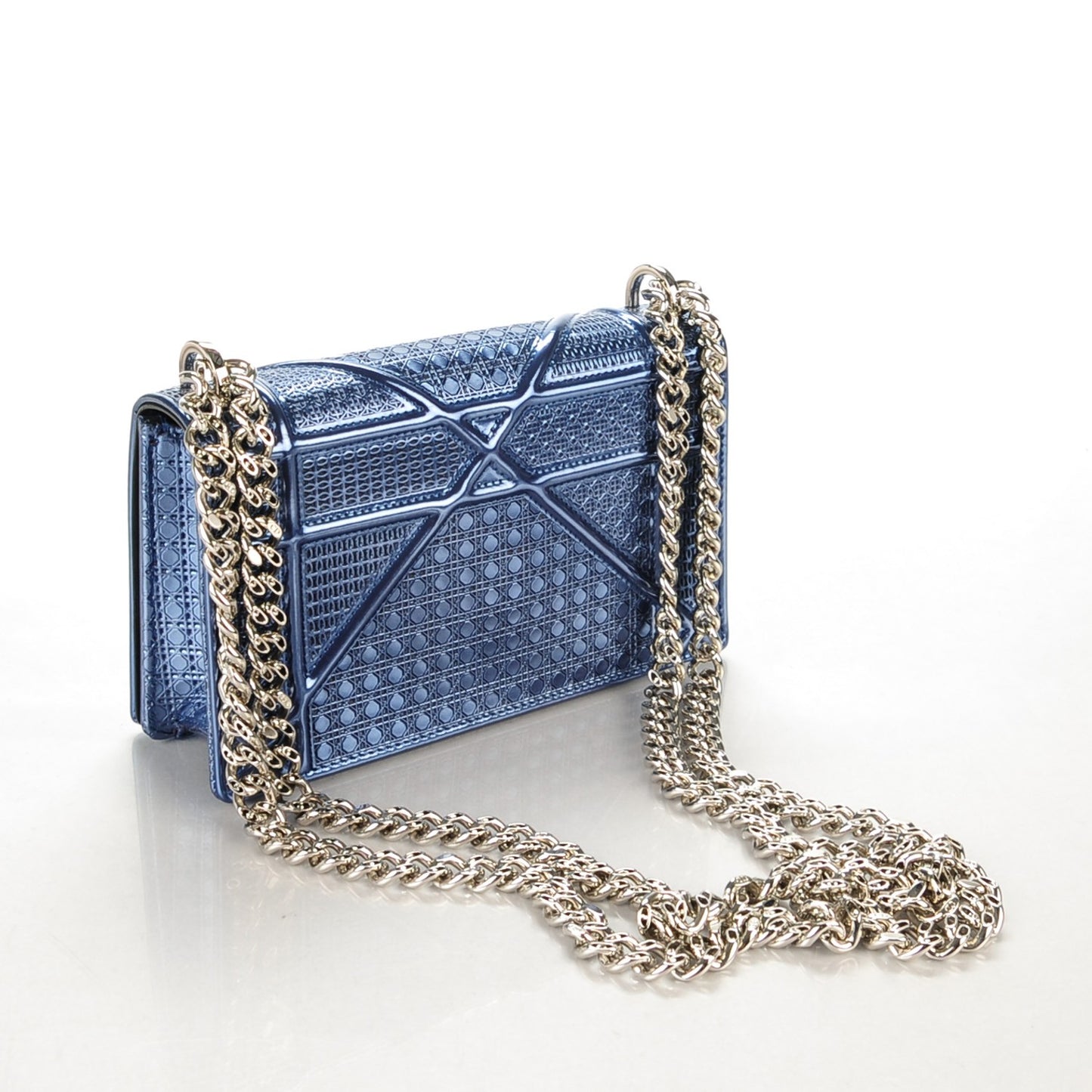 Metallic Patent Micro-Cannage Baby Diorama Flap Bag Bleu