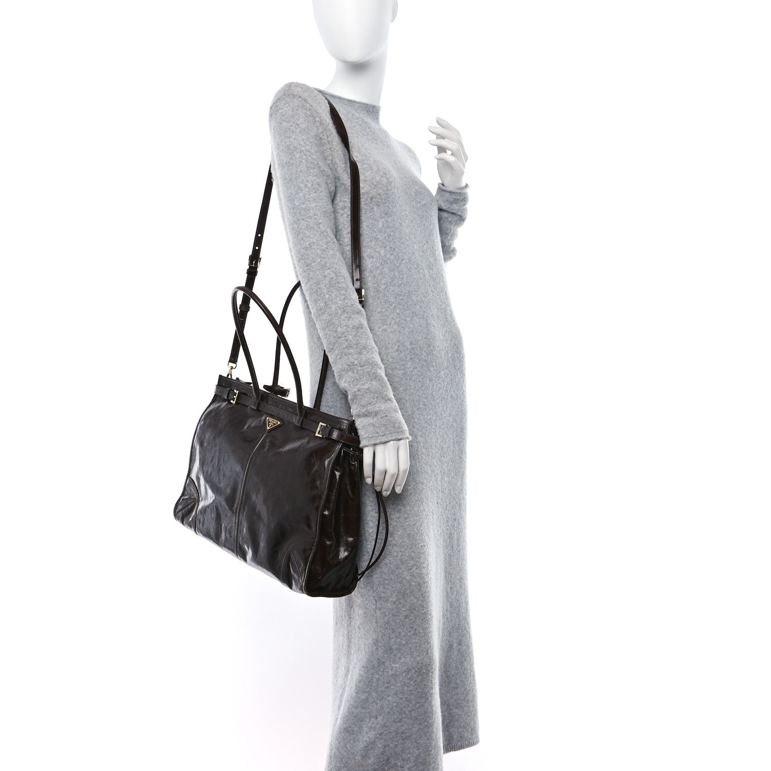 Prada Shiny Nappa Large Bonnie Shoulder Bag Dark Brown 3 of 12
