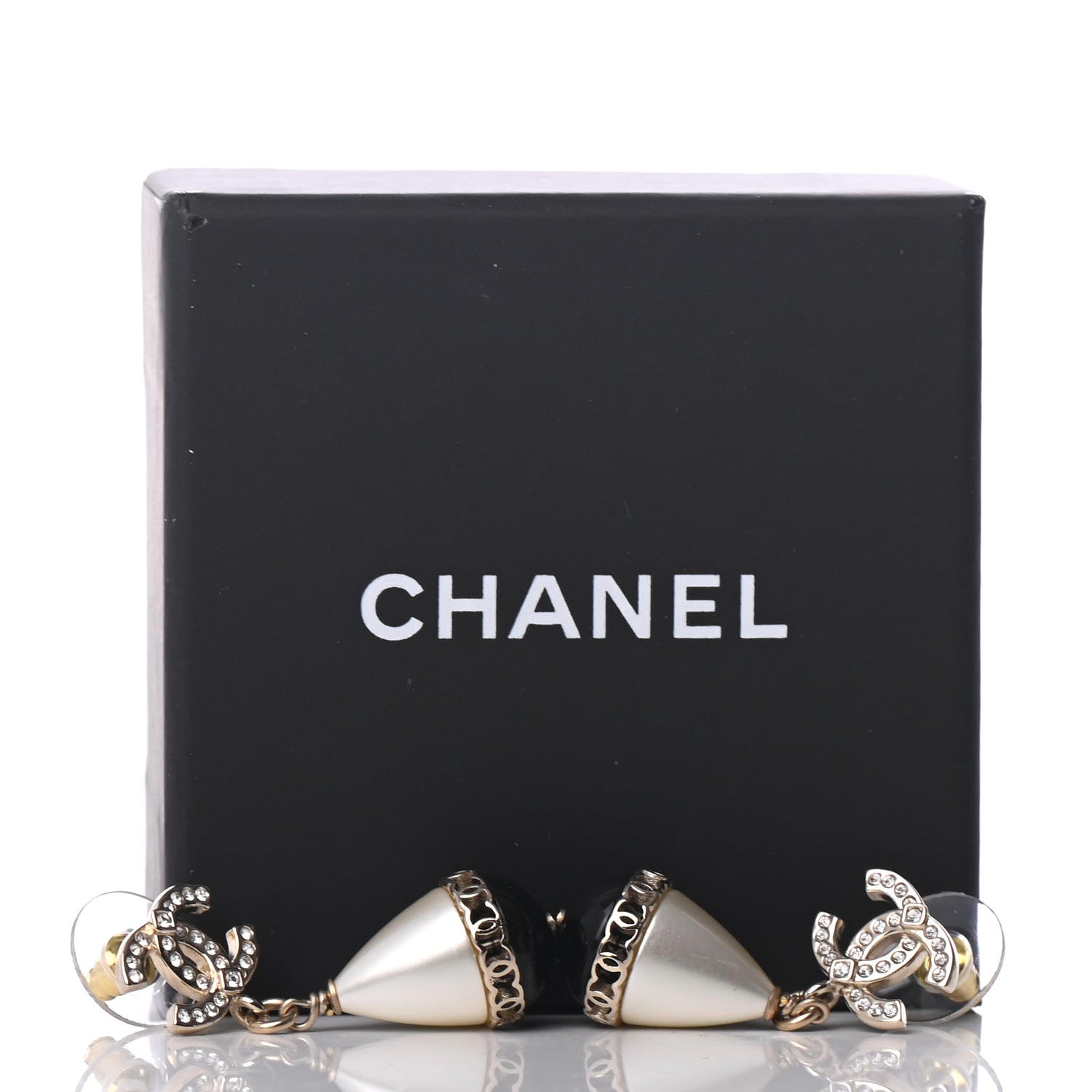 Chanel Crystal Pearl CC Fantasy Drop Earrings Gold Black 5 of 5