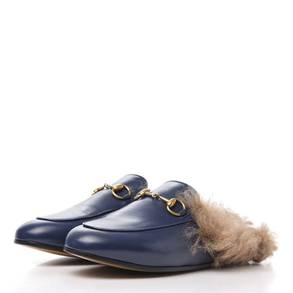 Gucci Malaga Kid Fur Womens Princetown Slippers 35.5 Blue Agata 3 of 9