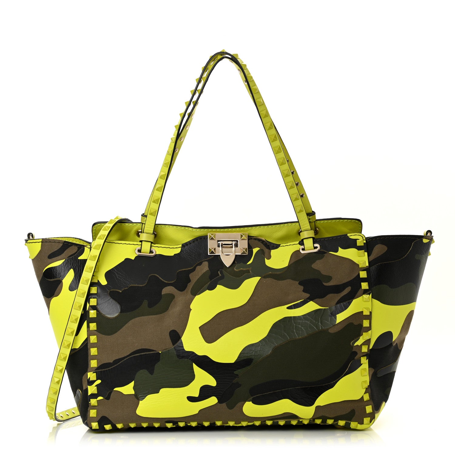 Valentino Garavani Nappa Canvas Camouflage Medium Rockstud Tote Green Fluo Yellow 1 of 16