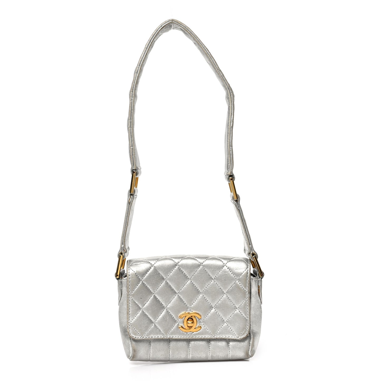 Metallic Lambskin Quilted Micro Flap Silver