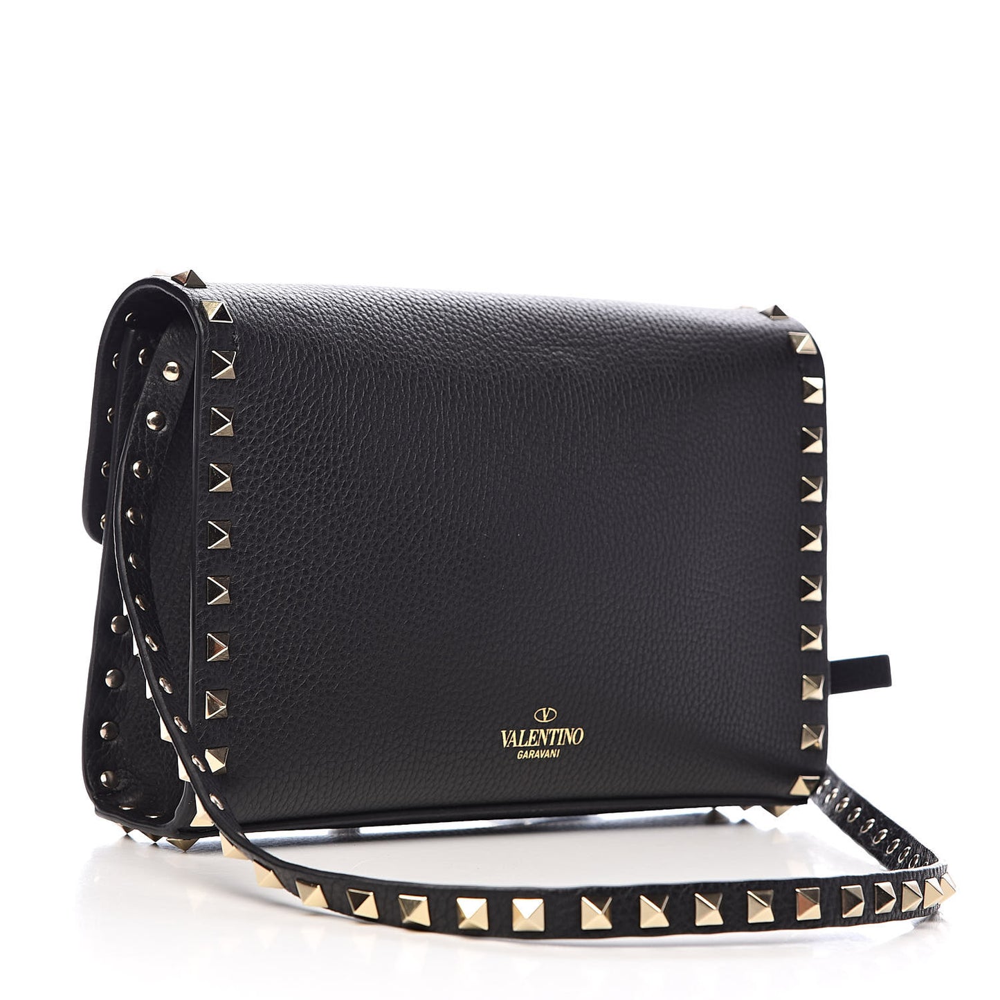 Pebbled Calfskin Medium Rockstud Flip Lock Crossbody Bag Black