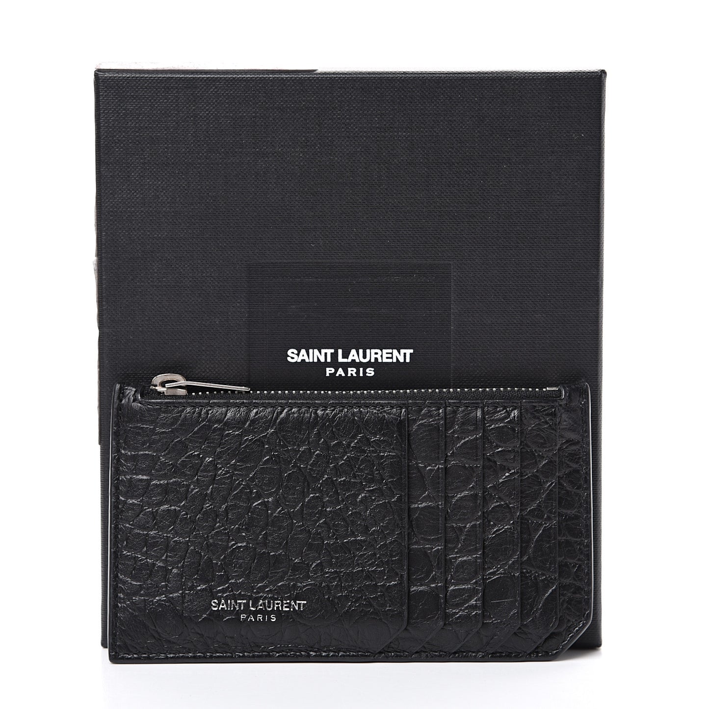 Calfskin Crocodile Embossed 5 Fragments Zip Card Case Black