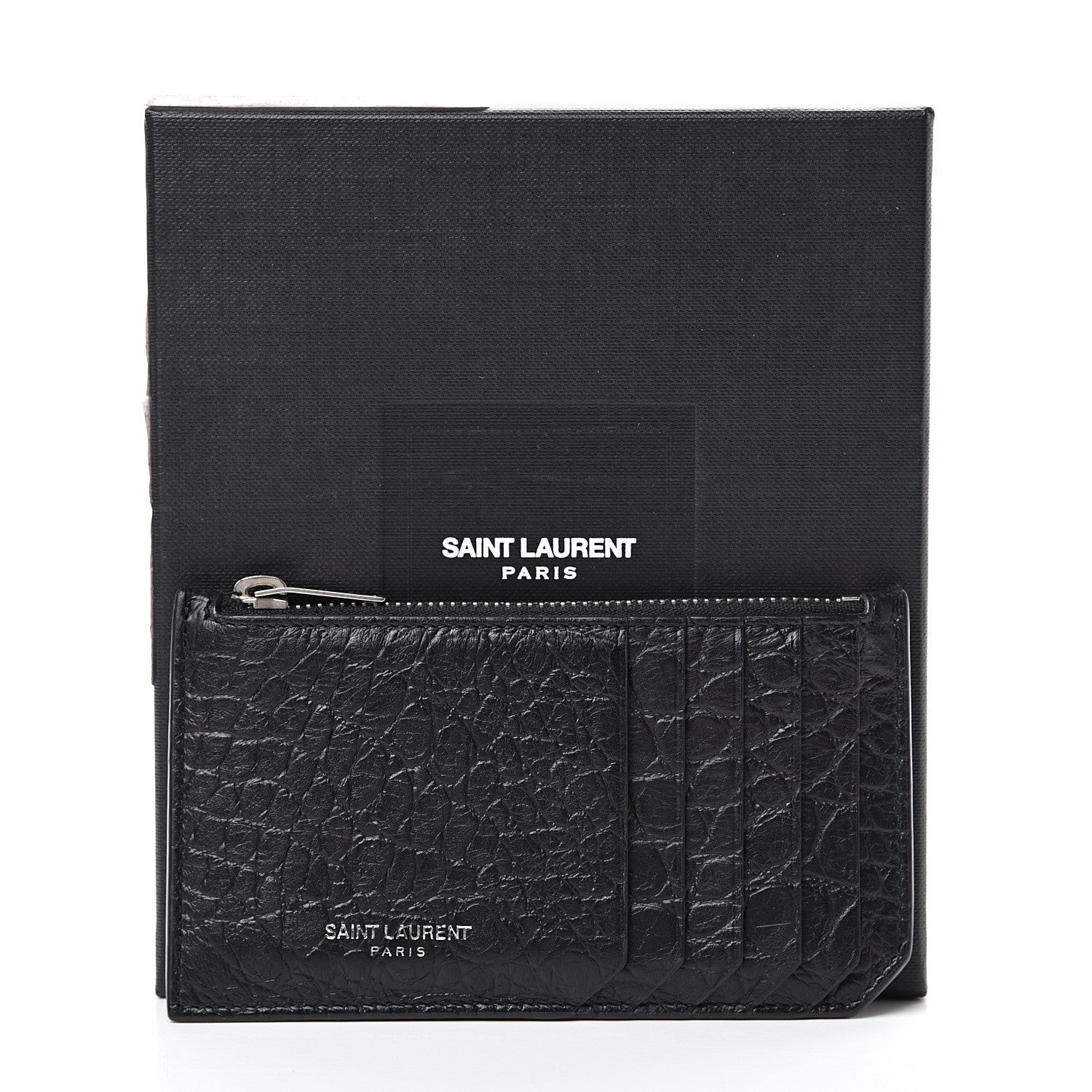 Saint Laurent Calfskin Crocodile Embossed 5 Fragments Zip Card Case Black 7 of 7