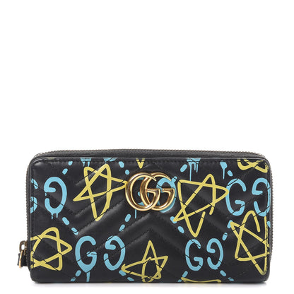 Gucci Calfskin Matelasse GucciGhost GG Marmont Zip Around Wallet Black New Acquamarine 1 of 11