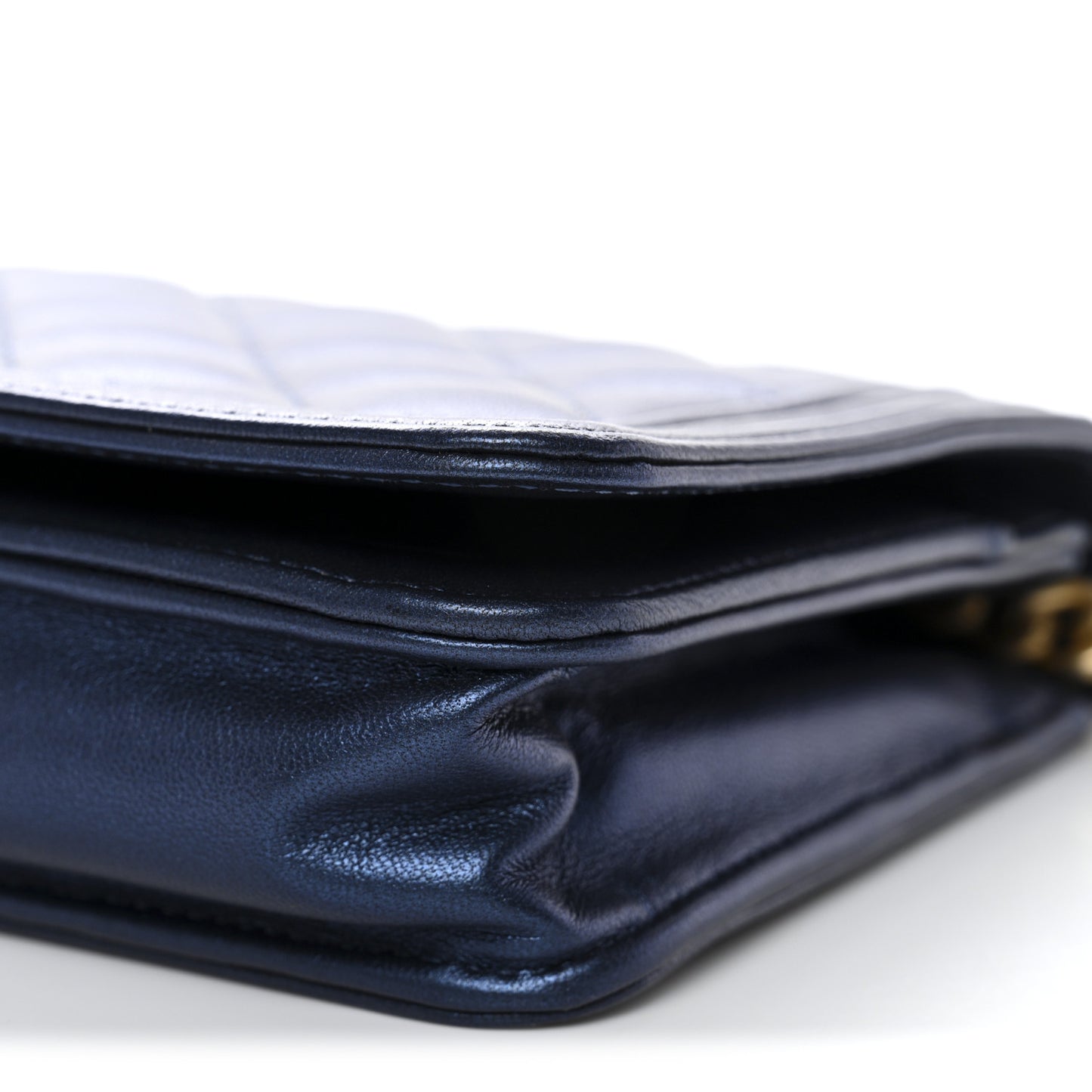 Metallic Calfskin Quilted Boy Wallet On Chain WOC Navy Blue