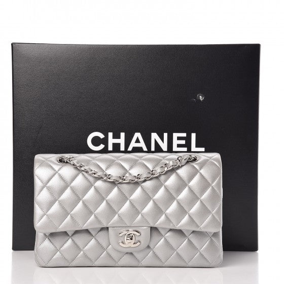 Metallic Lambskin Quilted Medium Double Flap Silver