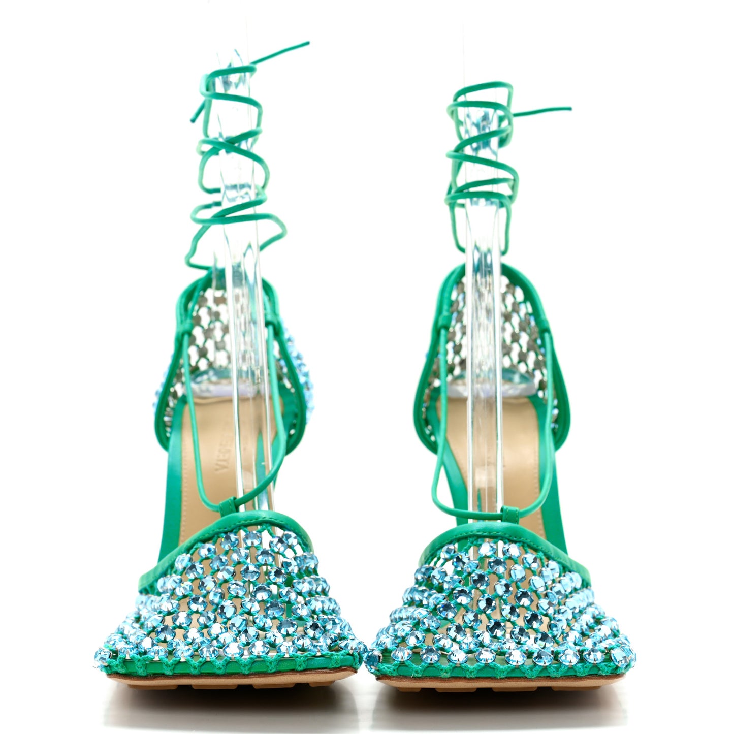 Mesh Nappa Crystal Embellished Sparkle Stretch Ankle Tie Sandals 39 Acid Turquoise