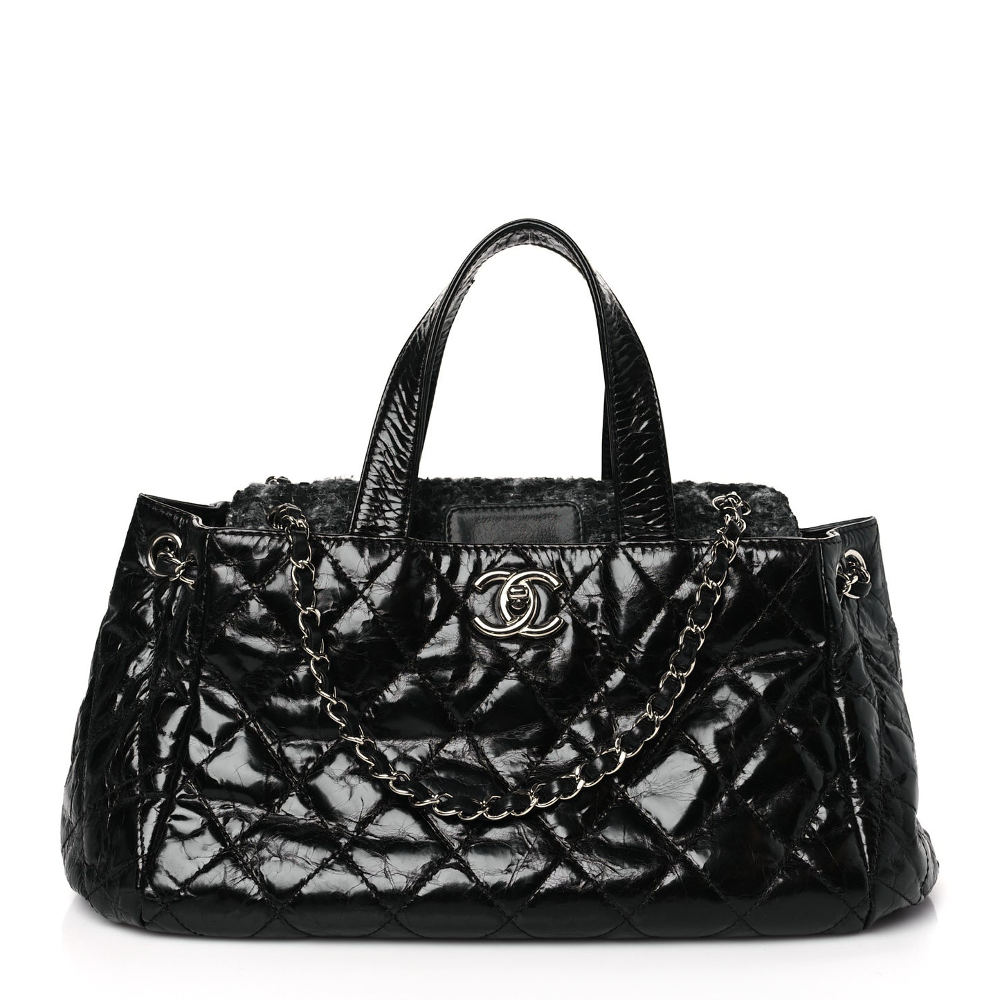 Glazed Calfskin Quilted Tweed Portobello Tote Black