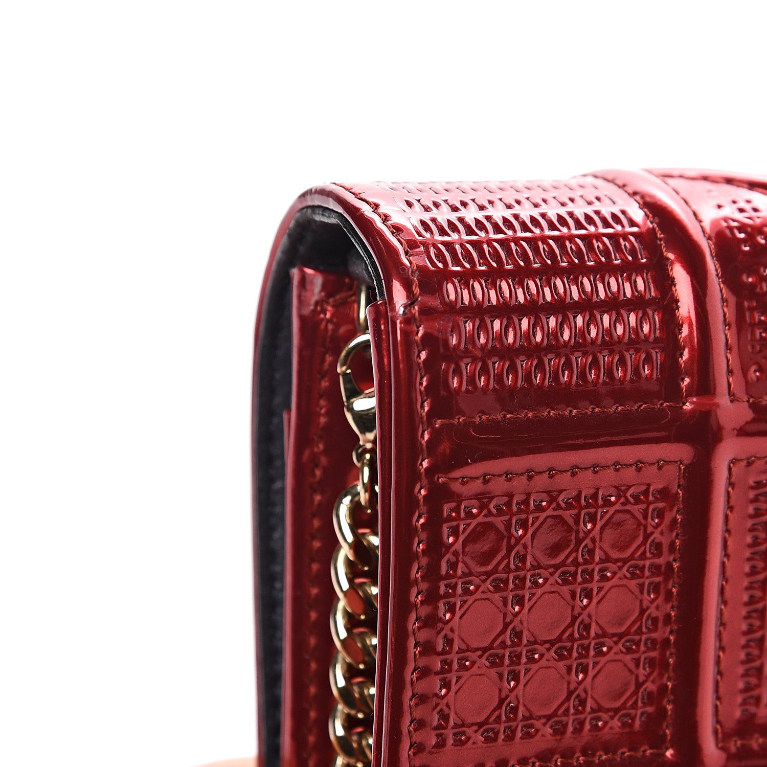 Christian Dior Metallic Patent Micro-Cannage Diorama Wallet on Chain Pouch Red 10 of 11