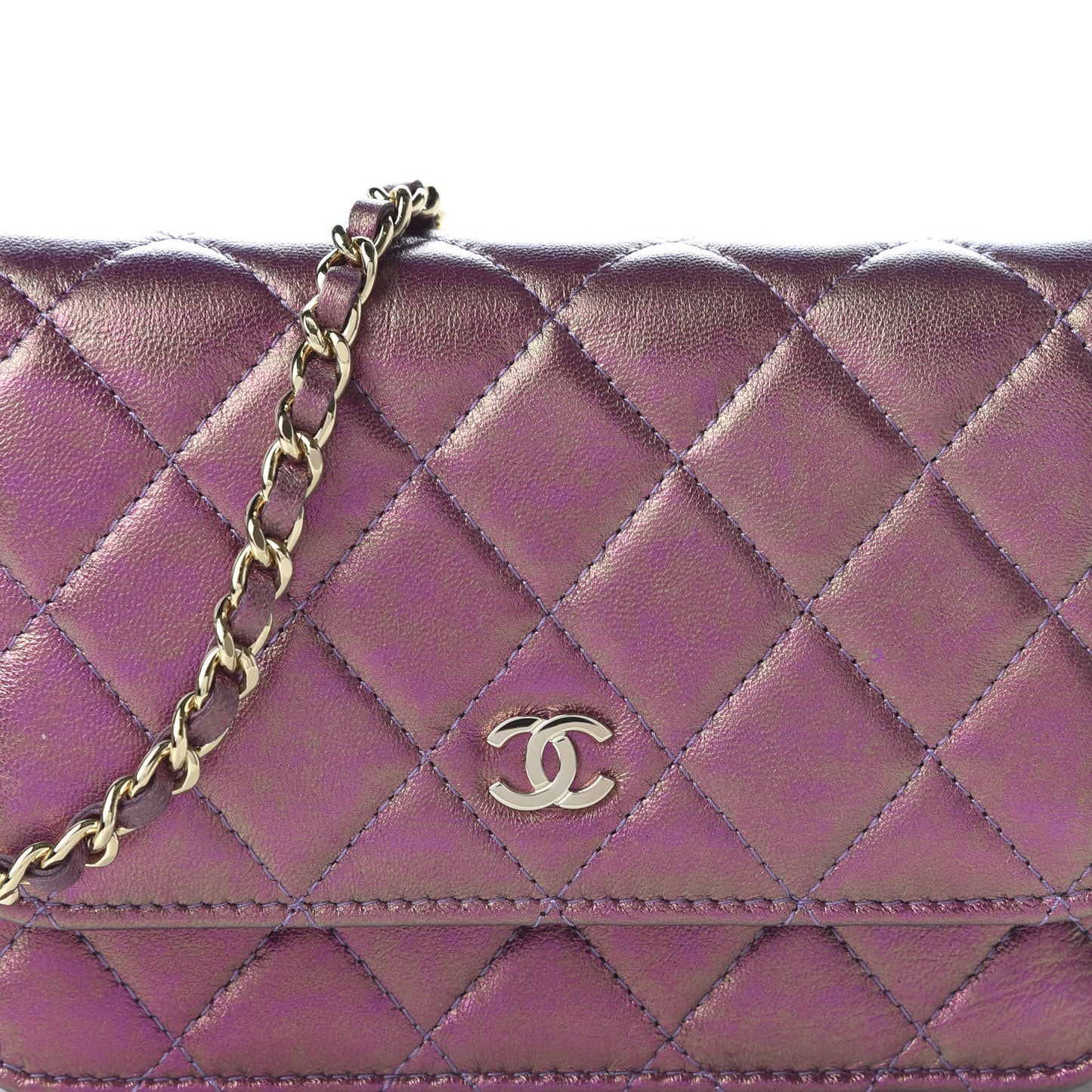 Iridescent Lambskin Quilted Mini Wallet On Chain WOC Purple