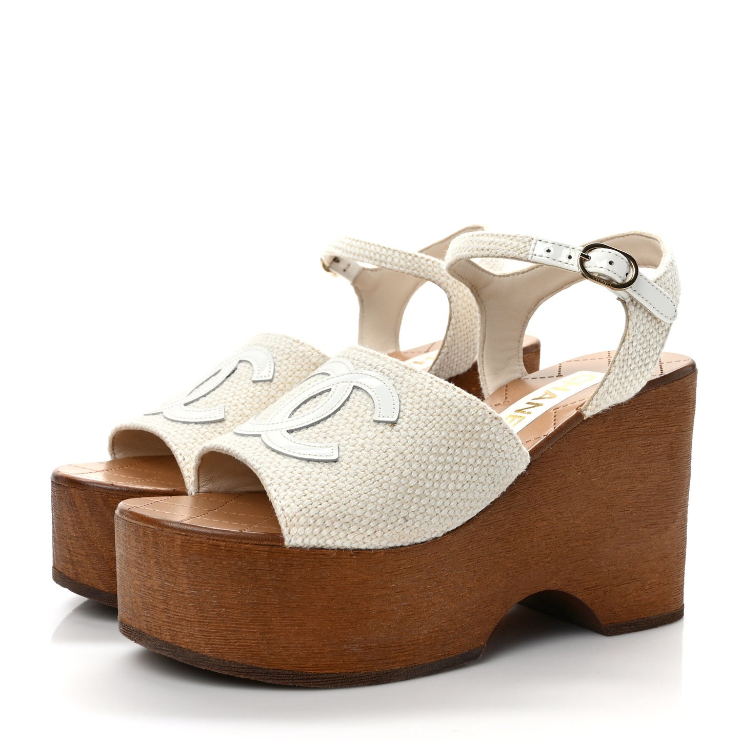 Fabric Patent Calfskin Platform Wedge Sandals 36 Ivory White