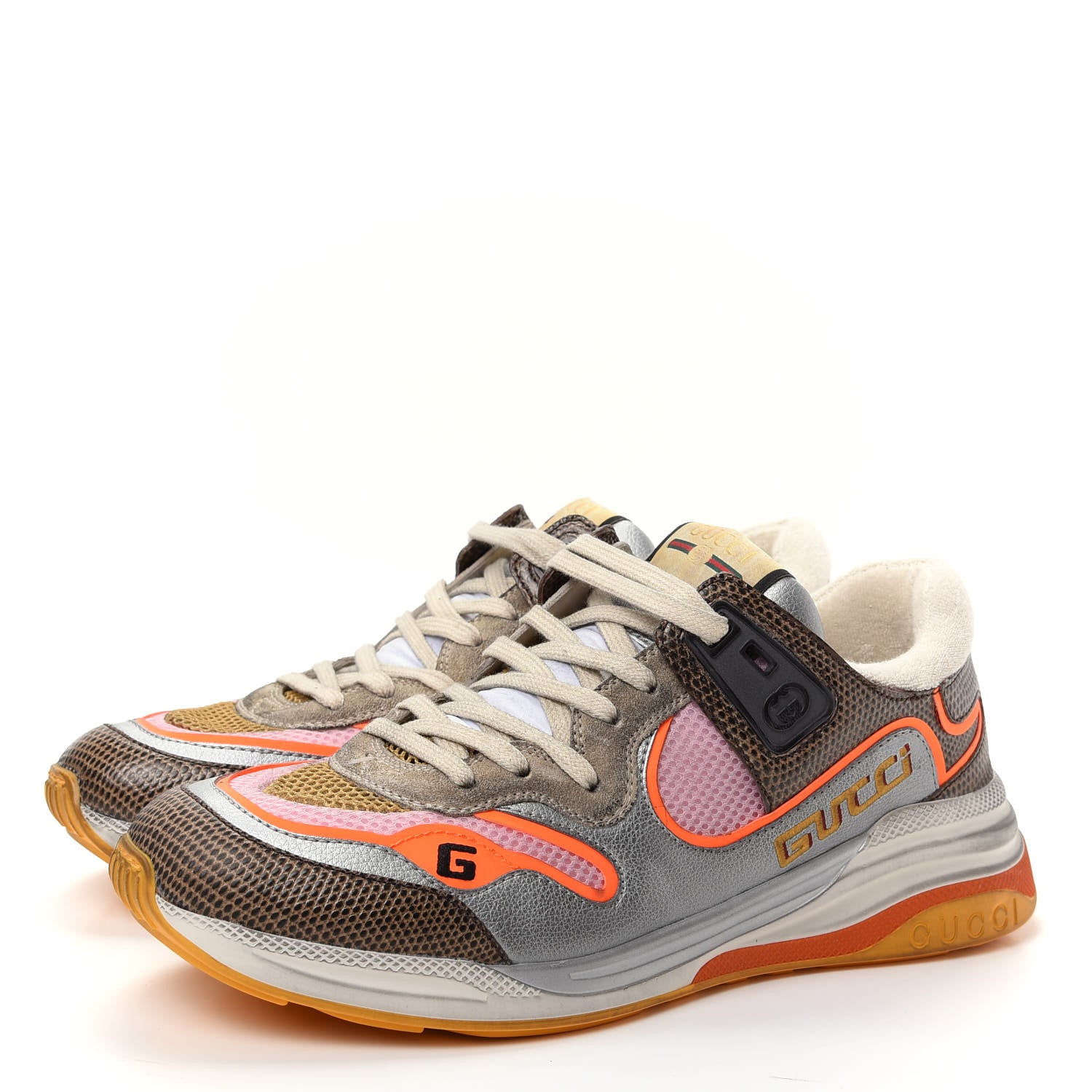 Gucci Calfskin Suede Mesh Lizard Embossed Womens Ultrapace Sneakers 40 Silver Anthracite Neon Orange 3 of 10