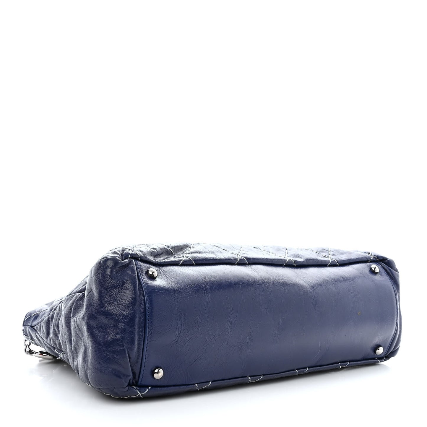 Glazed Goatskin Double Stitch Shoulder Bag Navy Blue