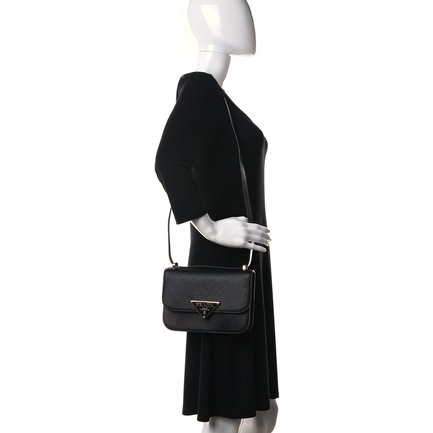 Prada Saffiano Cuir Triangle Embleme Flap Shoulder Bag Black 2 of 12