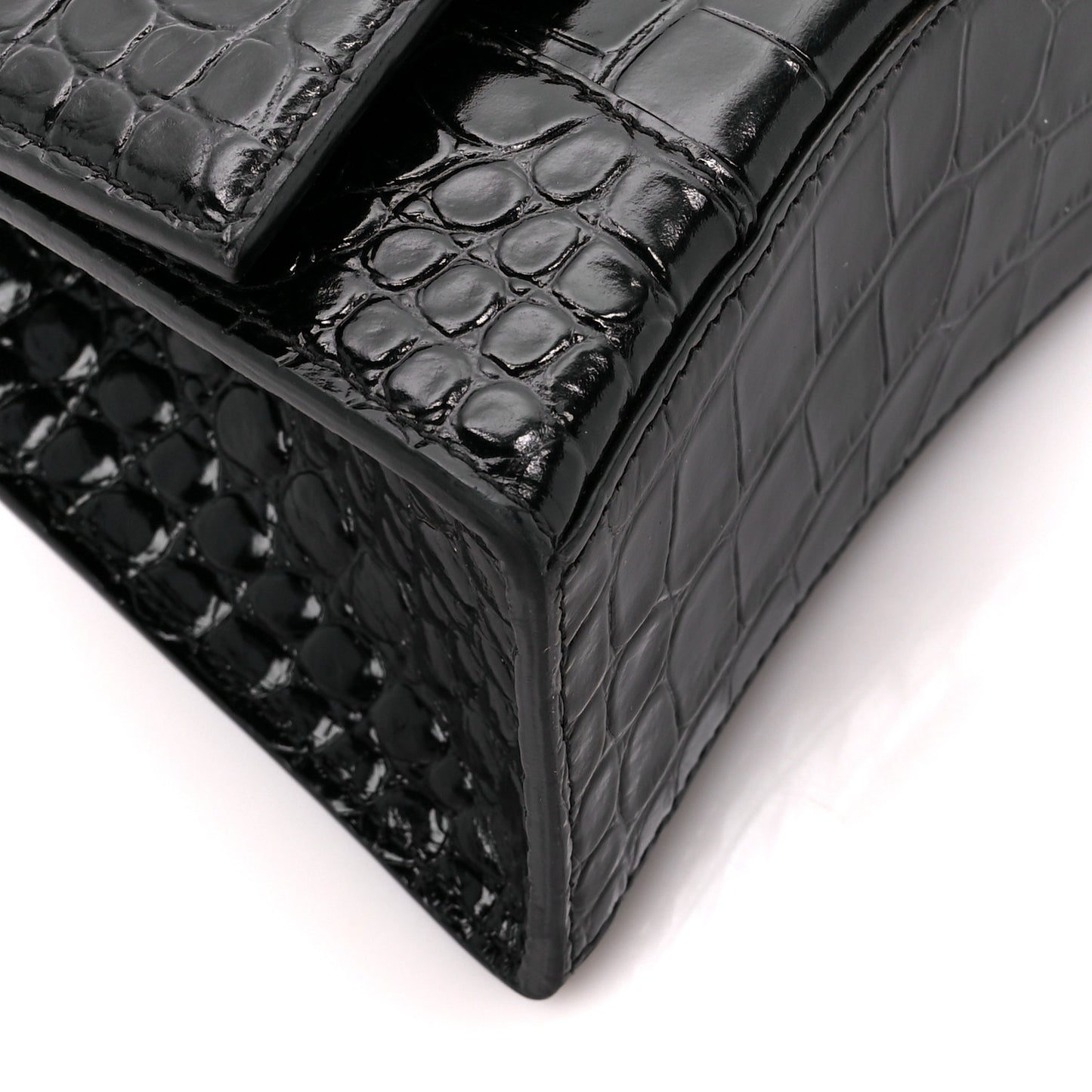 Shiny Calfskin Crocodile Embossed Hourglass Top Handle Bag XS Black