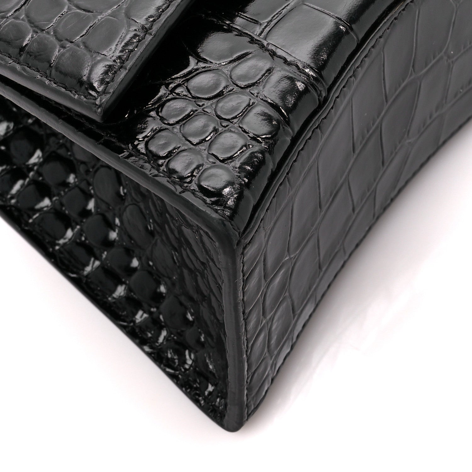 Balenciaga Shiny Calfskin Crocodile Embossed Hourglass Top Handle Bag XS Black 11 of 13