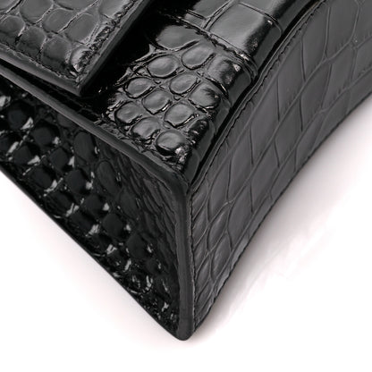 Balenciaga Shiny Calfskin Crocodile Embossed Hourglass Top Handle Bag XS Black 11 of 13