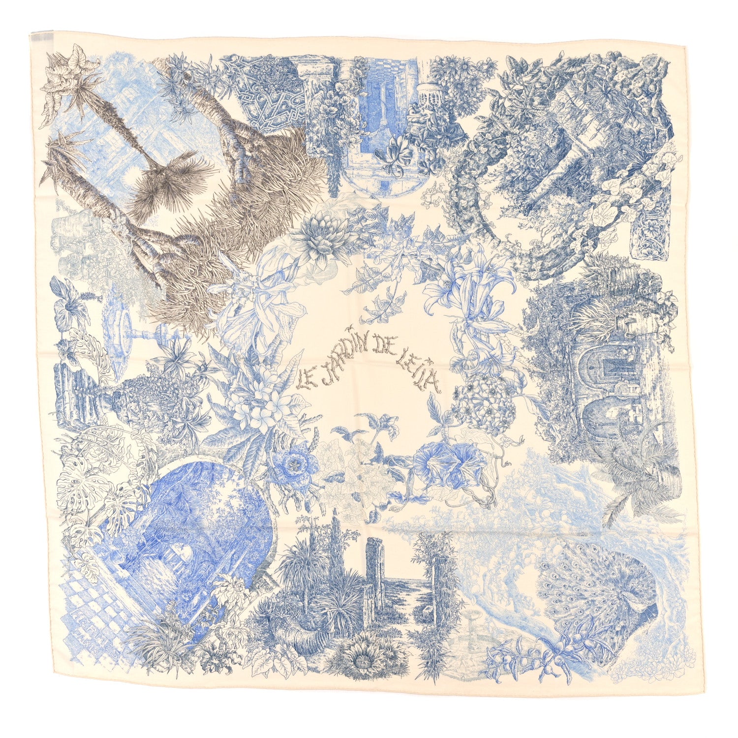 Hermes Cashmere Silk Le Jardin de Leila Shawl 140 White Ciel Etoupe 1 of 4