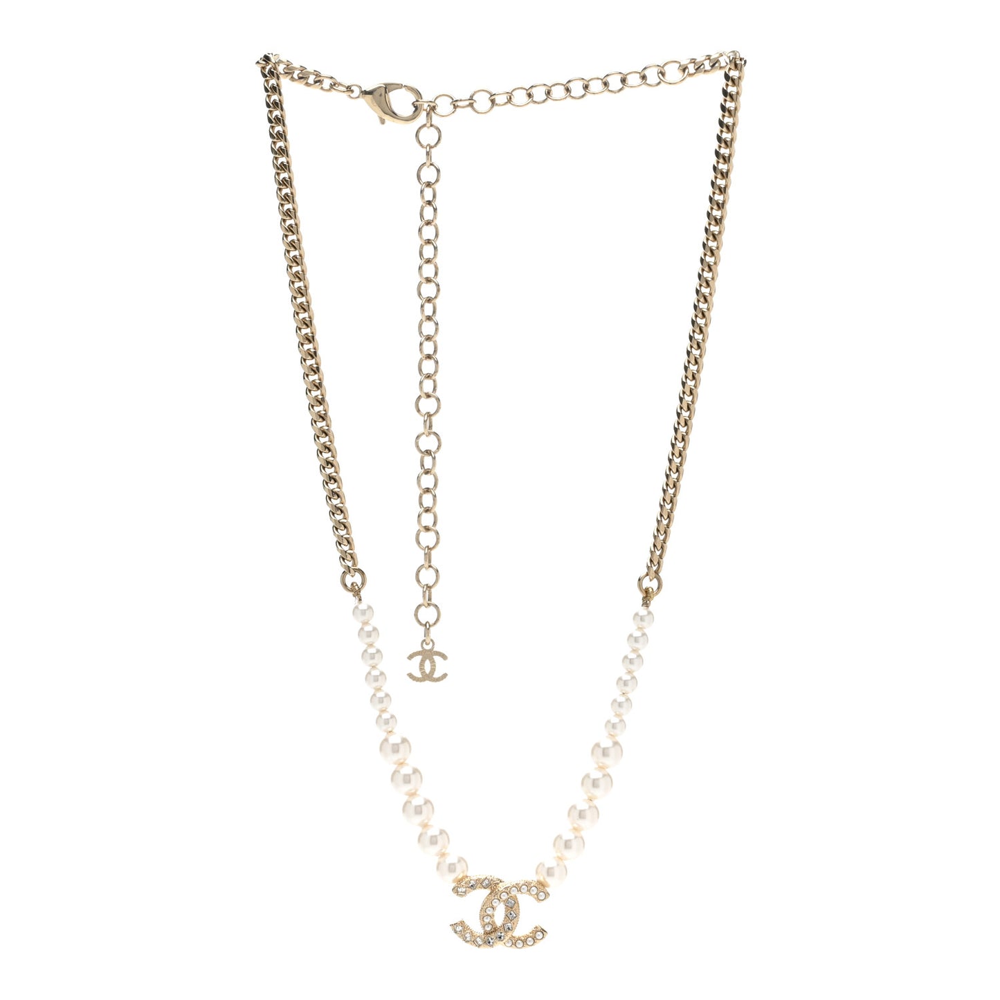 Pearl Crystal Chain CC Necklace Gold