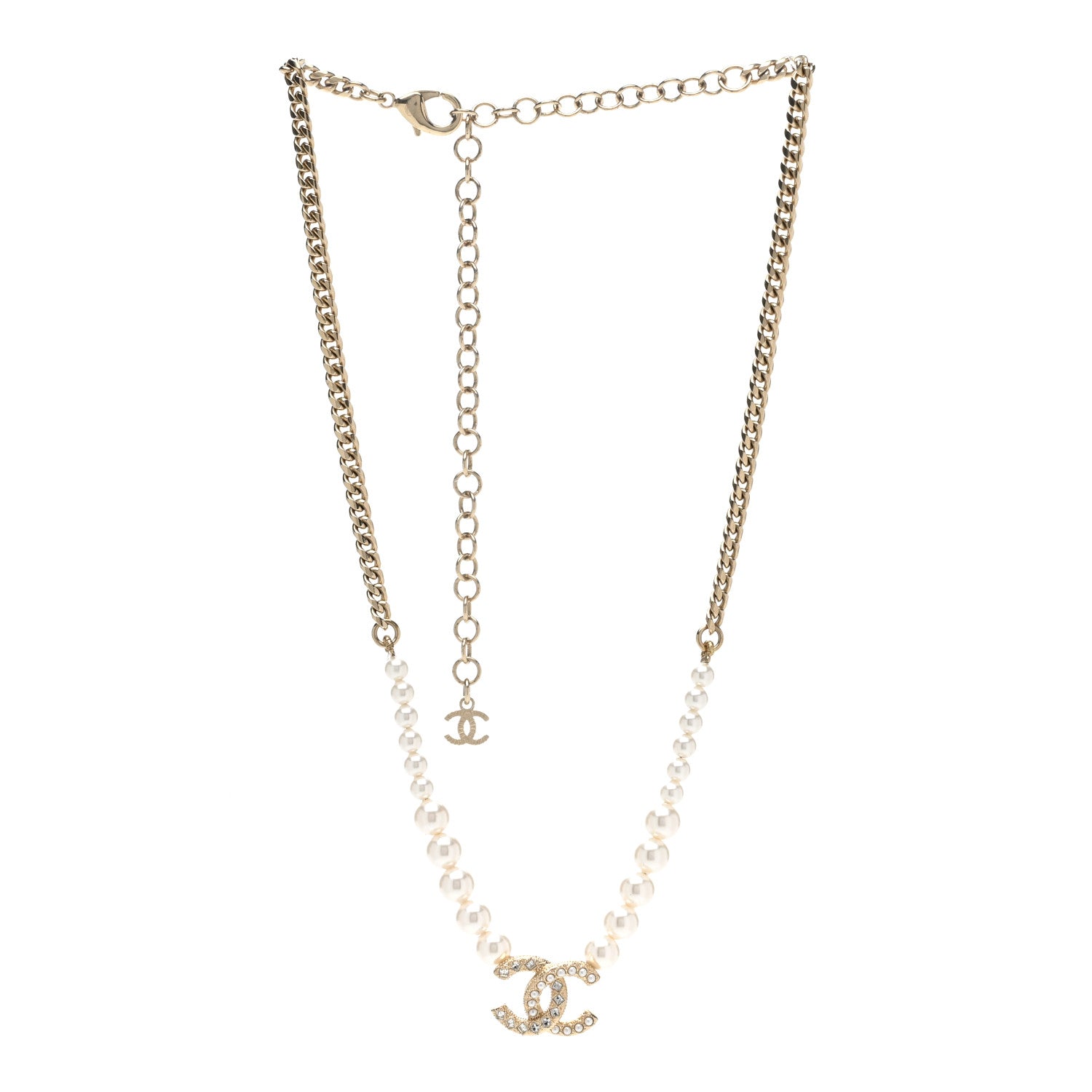 Chanel Pearl Crystal Chain CC Necklace Gold 3 of 6