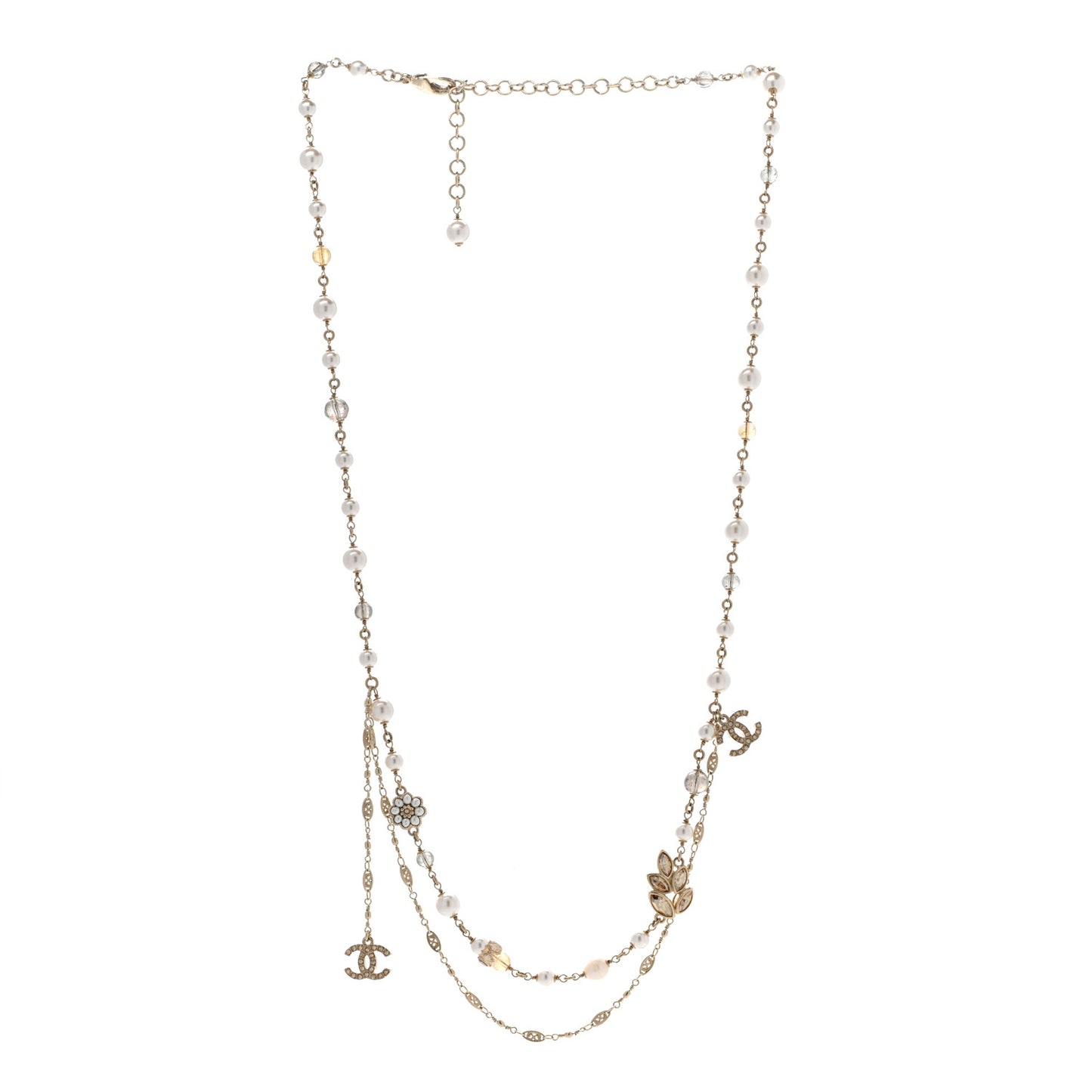 Pearl Bead Crystal CC Necklace Gold White