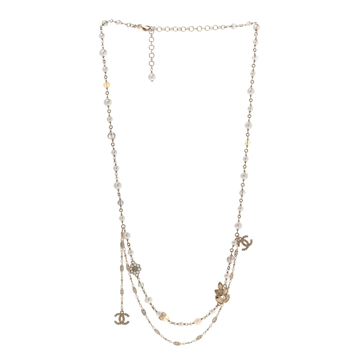 Chanel Pearl Bead Crystal CC Necklace Gold White 3 of 7