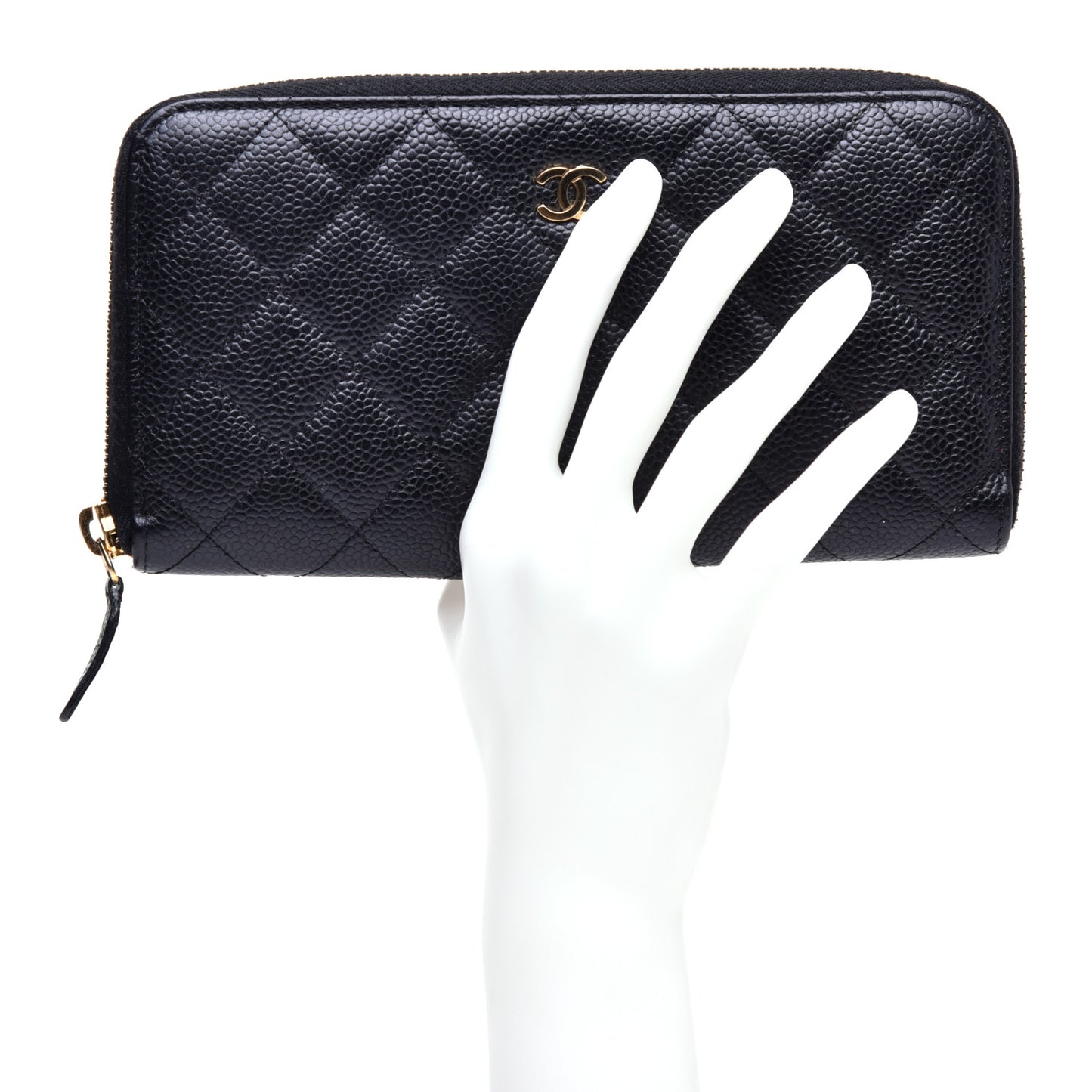 Caviar Quilted Large Zip Around Wallet Black