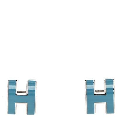 Hermes Palladium Lacquered Mini Pop H Earrings Bleu Jean 1 of 5