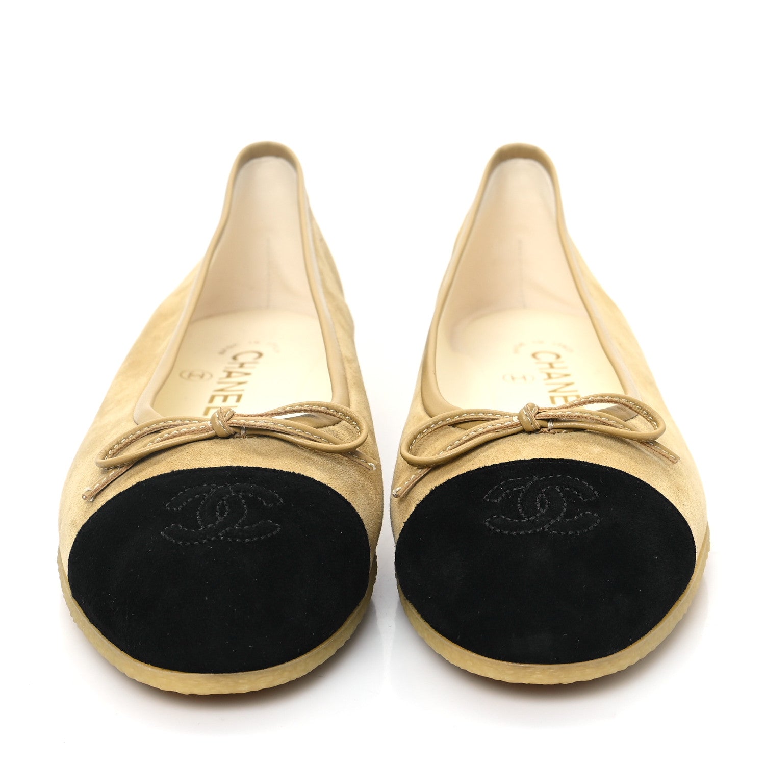 Chanel Suede Cap Toe CC Ballerina Flats 37.5 Beige Black 2 of 9