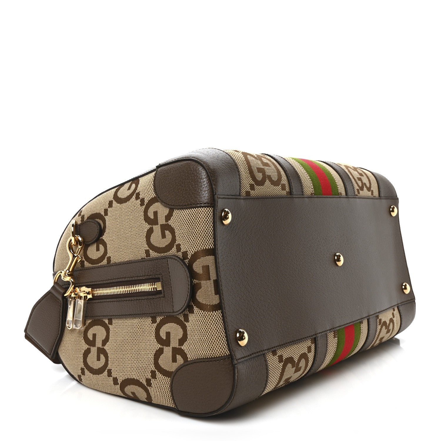 Gucci Monogram Jumbo GG Textured Dollar Calfskin Web Medium Duffle Bag Camel Ebony 4 of 10