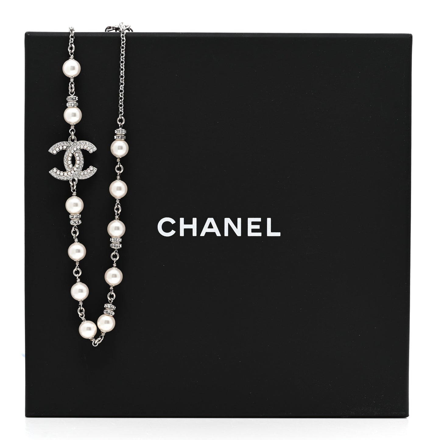 Pearl Crystal CC Necklace Silver