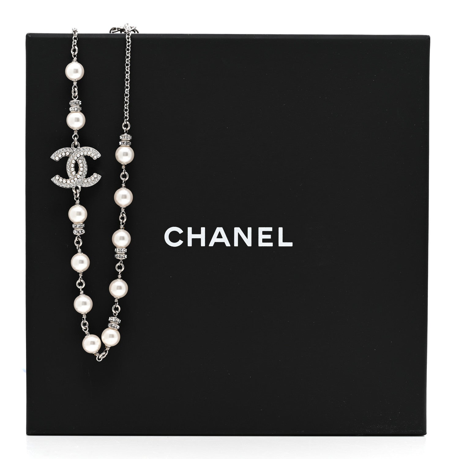 Chanel Pearl Crystal CC Necklace Silver 7 of 7