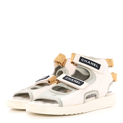 Chanel Goatskin Fabric TPU Gladiator Sandals 37 White Light Grey Navy Blue 3 of 18