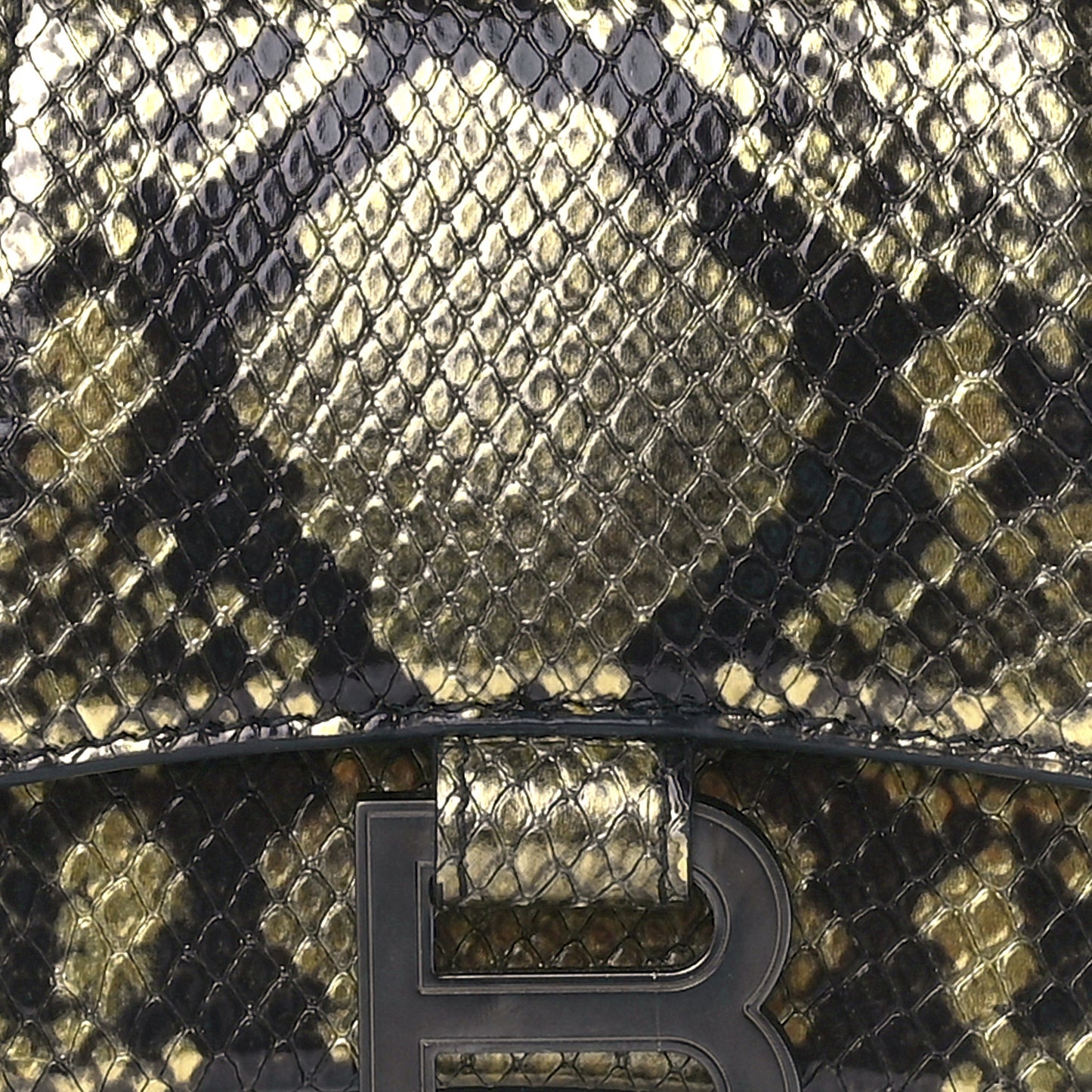 Shiny Calfskin Snakeskin Embossed Hourglass Top Handle Bag XS Gold Black