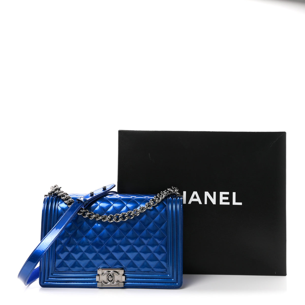 Metallic Patent Quilted New Medium Boy Flap Blue